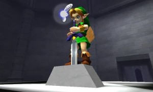 [One of the many defining moments in Ocarina of Time. Young Link grasping the Master Sword within the Temple of Time]