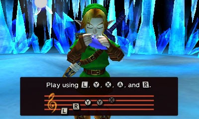 [Link playing the Ocarina within the walls of the Ice Cavern]